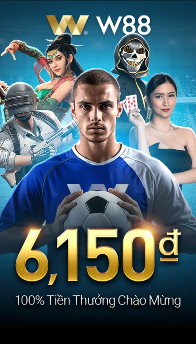 Banner thưởng chào mừng 6.150.000đ của nhà cái W88 với cầu thủ bóng đá và logo W88 vàng